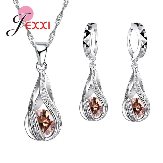 New Water Drop CZ Jewelry Sets 925 Sterling Silver Needle Necklace&Earrings Wedding Jewelry for Women Wedding Party Sets