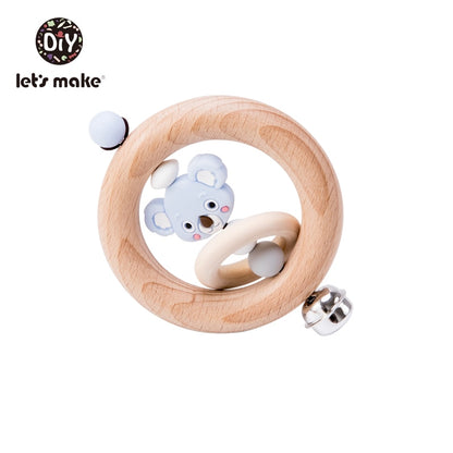 Baby Toys 1pc Silicone Beads Cartoon Rattle Teething Ring of Beech Wood 0-12 Moths Children Christmas Stroller Let's Make