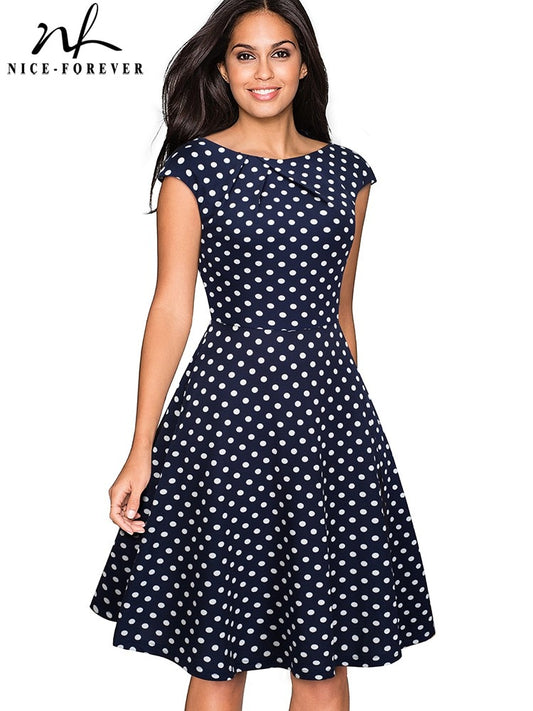 Nice-Forever Vintage Solid Color Elegant Dresses With Cap Sleeve A-Line Pinup Women Flare Swing Dress A067