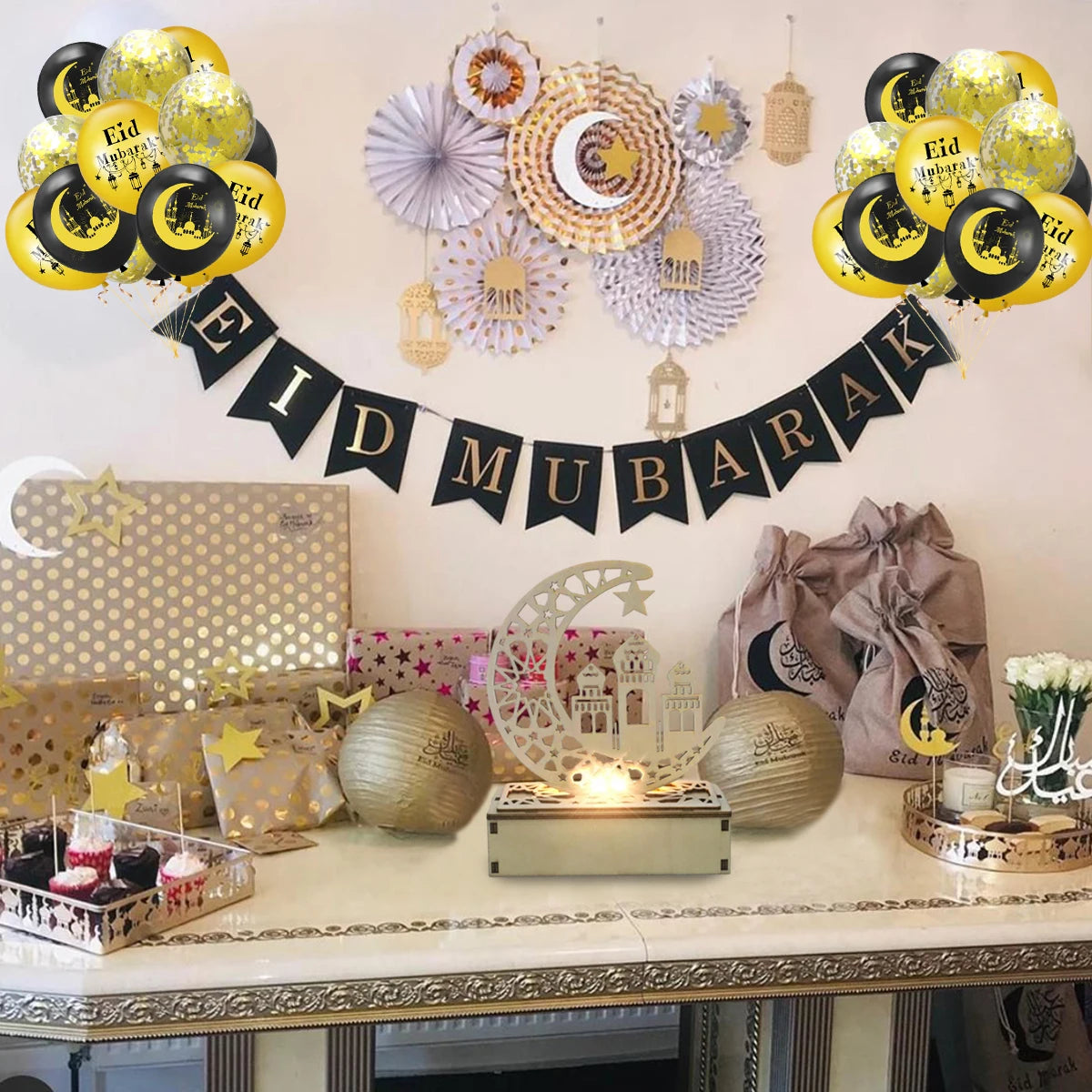 EID Mubarak Banner Balloons Cake Topper Ramadan Decoration Ramadan Kareem Mubarak Muslim Islamic Festival Party DIY Decorations