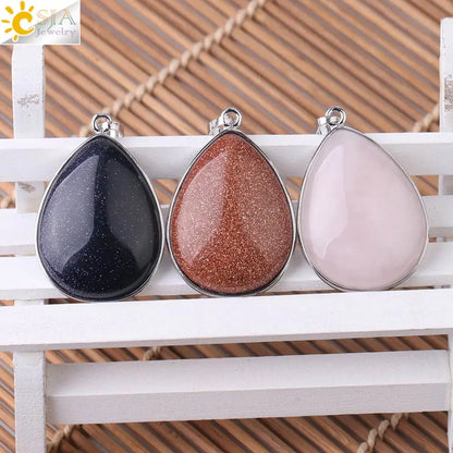 CSJA Natural Stone Pendants  Tiger Eye Pink Quartz Purple Crystal Lapis Necklace Water Drop Flat Bead Women Healing Jewelry F982