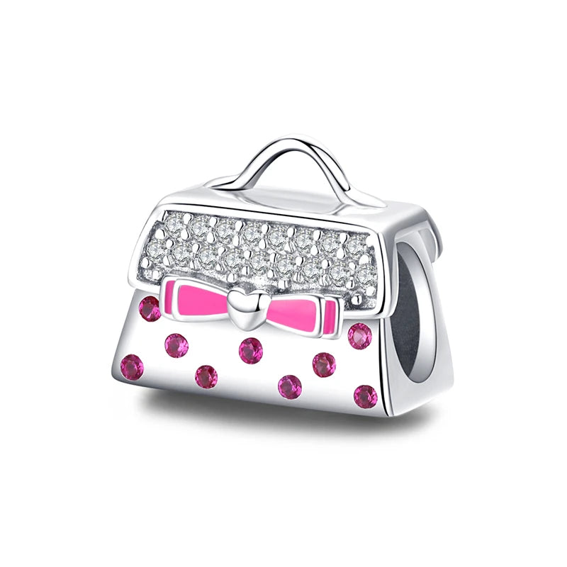 BISAER 925 Sterling Silver Blue Travel Suitcase Charm Pink Car Pendant Family House Home Beads Fit Women Bracelet DIY Jewelry