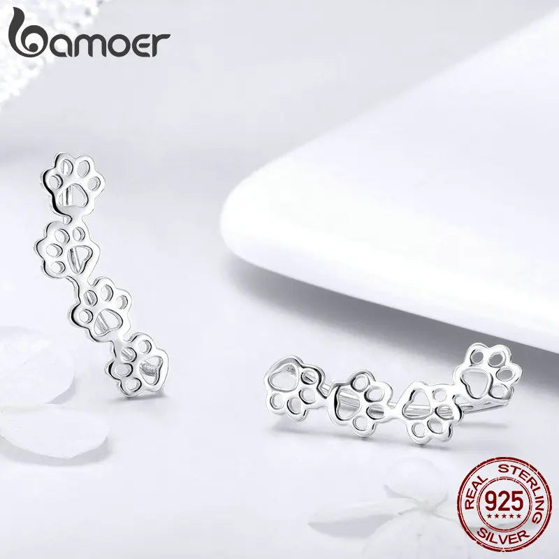 BAMOER 925 Sterling Silver Paw Trail Cat and Dog Footprints Stud Earrings for Women Sterling Silver Jewelry SCE430