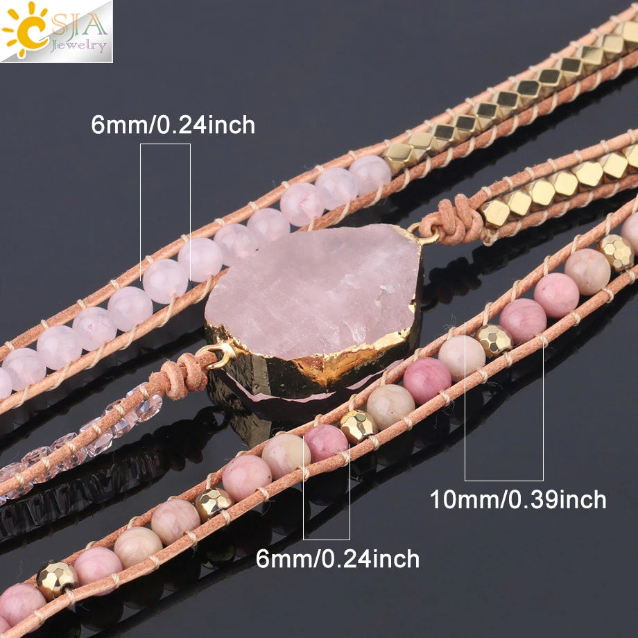 CSJA Natural Stone Bracelet Pink Quartz Leather Wrap Bracelets for Women Rose Gems Crystal Beads Bohemia  Jewelry 5 Strand S308