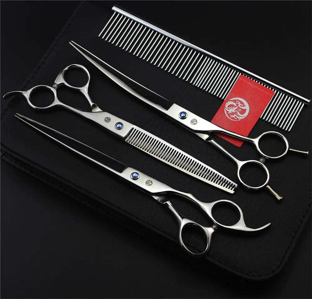 Brand Pet Grooming Scissors Set 7 8 Inch Professional Japan 440C Dog Shears Hair Cutting Thinning Curved Scissors With Comb Bag
