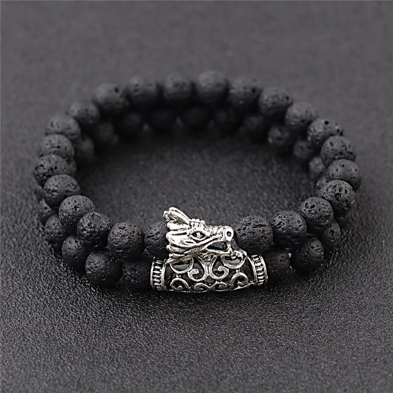 DUOVEI 2 Pcs/Set Natural Stone Beads Men's Dragon Bracelet Set Lava Stone Beaded Bracelets for Women Bileklik Pulseras Hombre