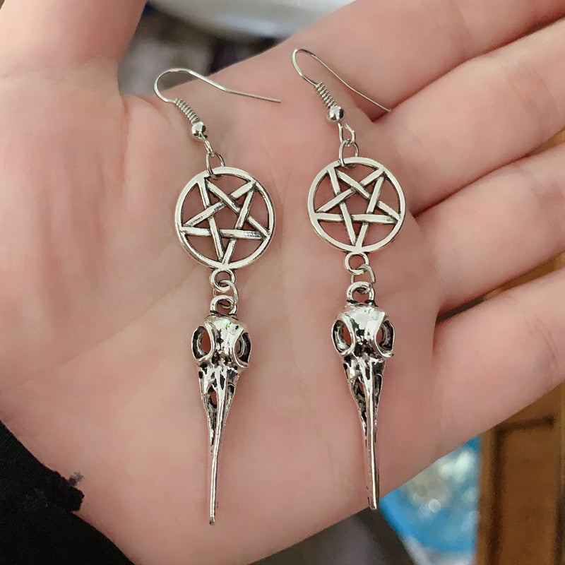 The New Bird Skull Earrings, Gothic Earrings, Pentagram, Crow Skull Earrings, Halloween
