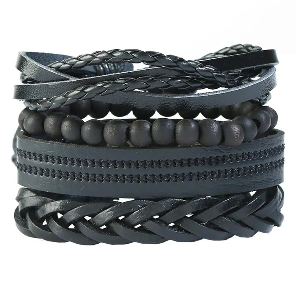 Multilevel Braided Wrap Leather Bracelets for Men Vintage Leather Bracelet Charm Wood Beads Ethnic Wristbands