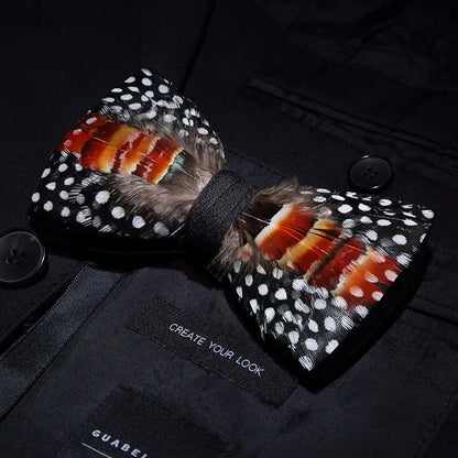 KAMBERFT Designer Brand Handmade Feather and Leather Pre-Tied Bow Tie and Brooch Sets for Men Wedding Party Best Cravate