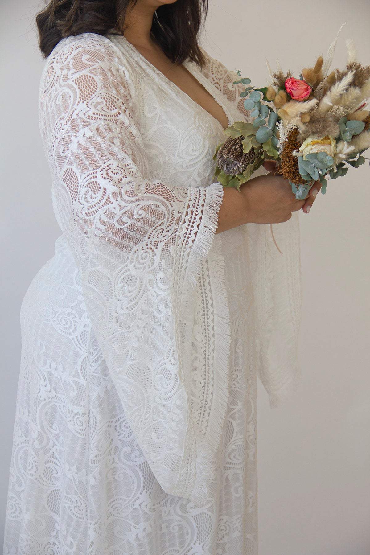 Curvy  Lace Ivory Bridal Kaftan With Fringe ,Bat Sleeves Lace Wedding Dress #1328