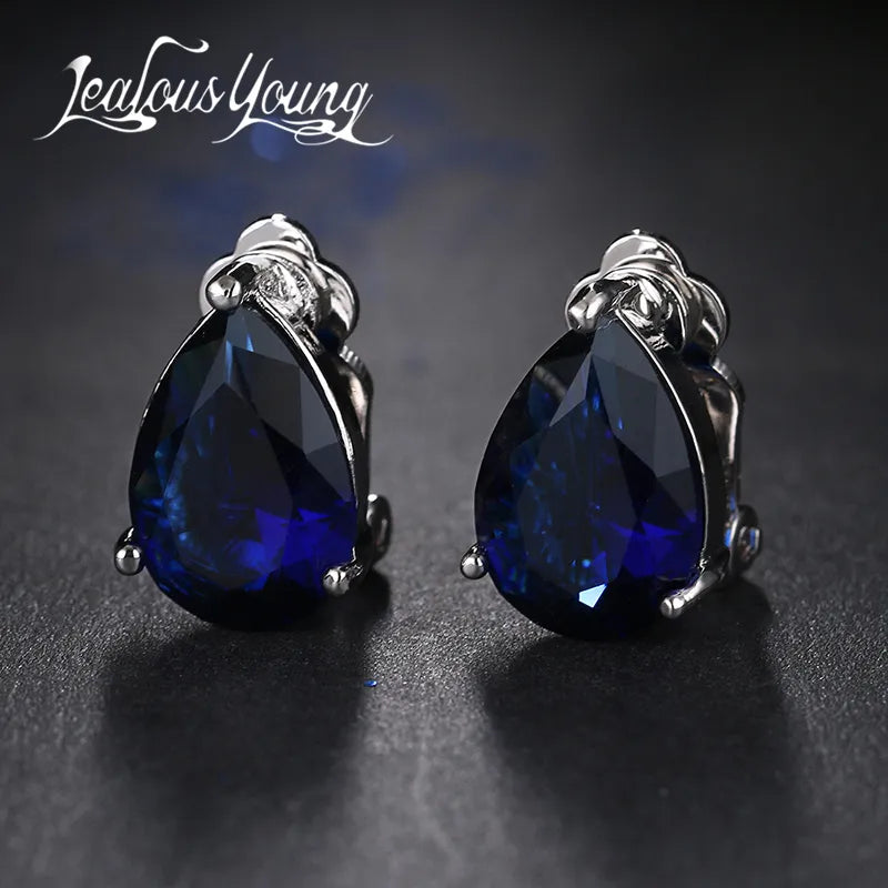 Water Drop Cubic Zirconia Clip Earrings With Elegant Blue Stone Earrings for Punk Girl Party Pendientes Mujer Moda