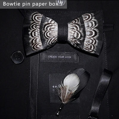JEMYGINS Bowtie Natural Brid Feather Exquisite Hand Made Men Bow Tie Brooch Pin