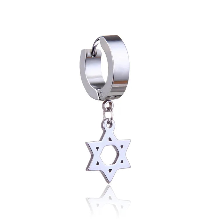 1 Piece Men Cross Stars Pendant Punk Round Cartilage Stainless Steel Earring for Men Piercing Stud Earrings for Women