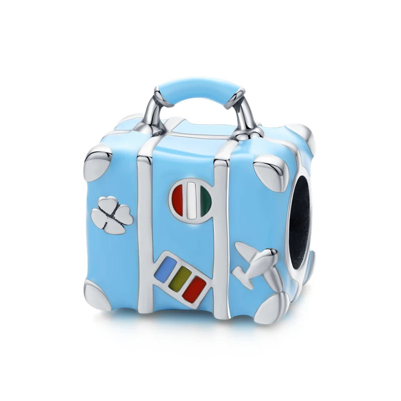 BISAER 925 Sterling Silver Blue Travel Suitcase Charm Pink Car Pendant Family House Home Beads Fit Women Bracelet DIY Jewelry