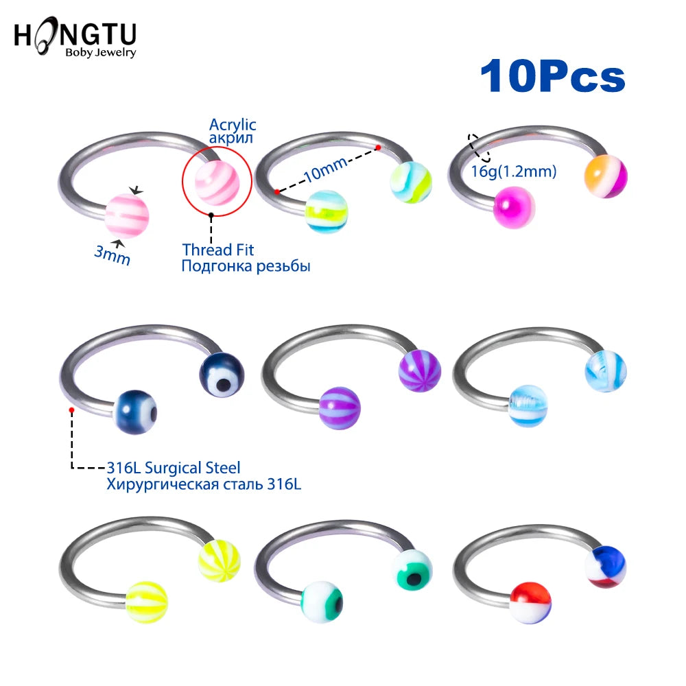 10pcs/Set Colorful Acrylic Nose Rings Ear Piercing Circular Barbell Horseshoe Ring Lip Labret Eyebrow Ear Piercings Body Jewelry