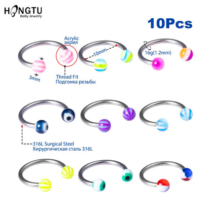 10pcs/Set Colorful Acrylic Nose Rings Ear Piercing Circular Barbell Horseshoe Ring Lip Labret Eyebrow Ear Piercings Body Jewelry