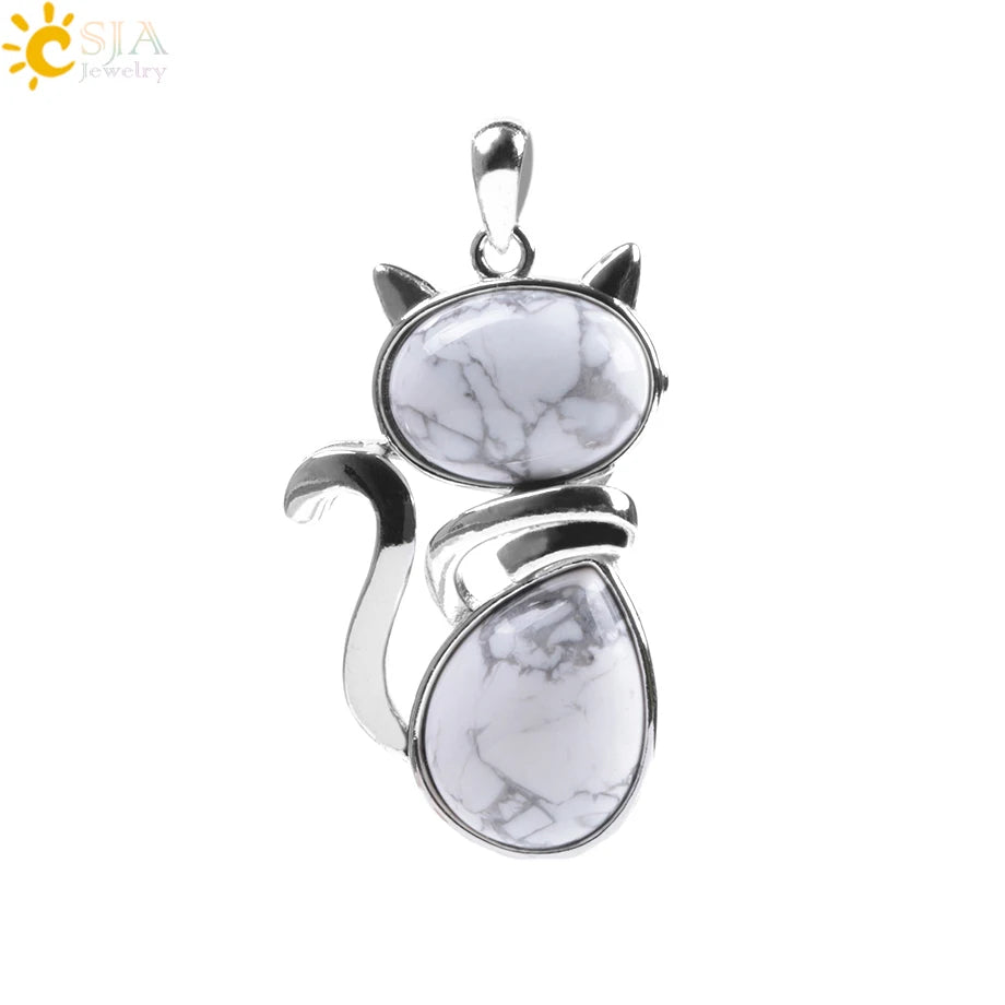 CSJA Chakra Natural Stone Pendant Cute Cat Pendants Suspension for Girl Green Aventurine Pink Crystal Cat Wisiorek Jewelry F072