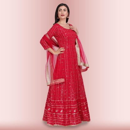 Sequin and Resham Work Anarkali Gown Dress - Red