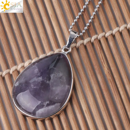 CSJA Natural Stone Pendants  Tiger Eye Pink Quartz Purple Crystal Lapis Necklace Water Drop Flat Bead Women Healing Jewelry F982