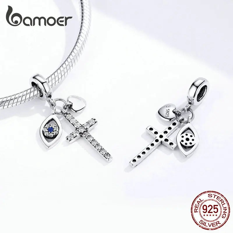 Bamoer Multiple Guardian Eye Pendant Charm for Bracelet 925 Sterling Silver Corss Charm Silver 925 Original Jewelry SCC1327