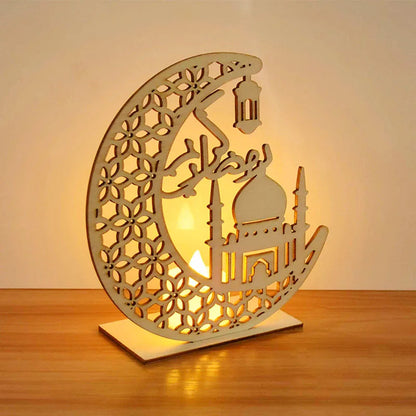 EID Mubarak Wooden Pendant With LED Candles Light Ramadan Decorations for Home Islamic Muslim Party Eid Decor Kareem Ramadan