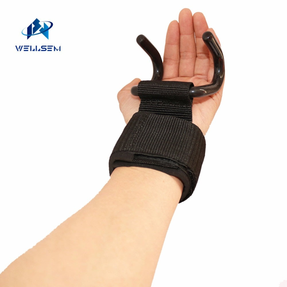 Wellsem Adjustable Strong Steel Hook Grips Straps Weight Lifting Strength Training Gym Fitness Black Wrist Support Lift Straps