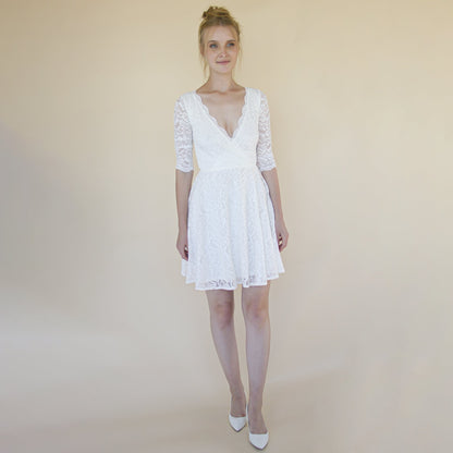 Ivory Wrap Lace Mini Wedding Dress Bracelet Sleeves #1373