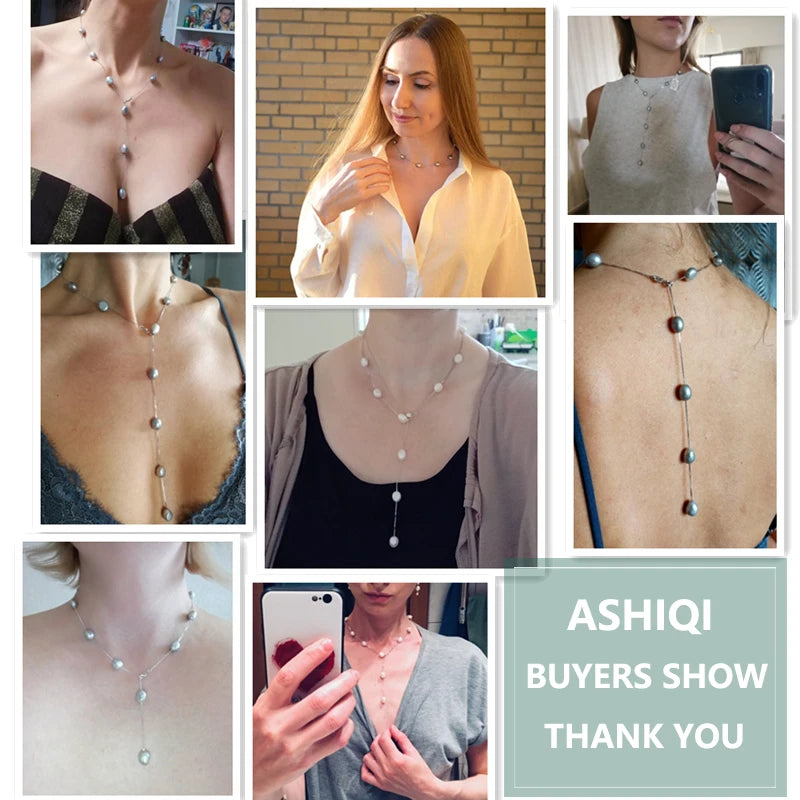 ASHIQI Real Pure 925 Sterling Silver Chain Pendant Necklace for Women 8-9mm White Gray Natural Freshwater Baroque Pearl Jewelry