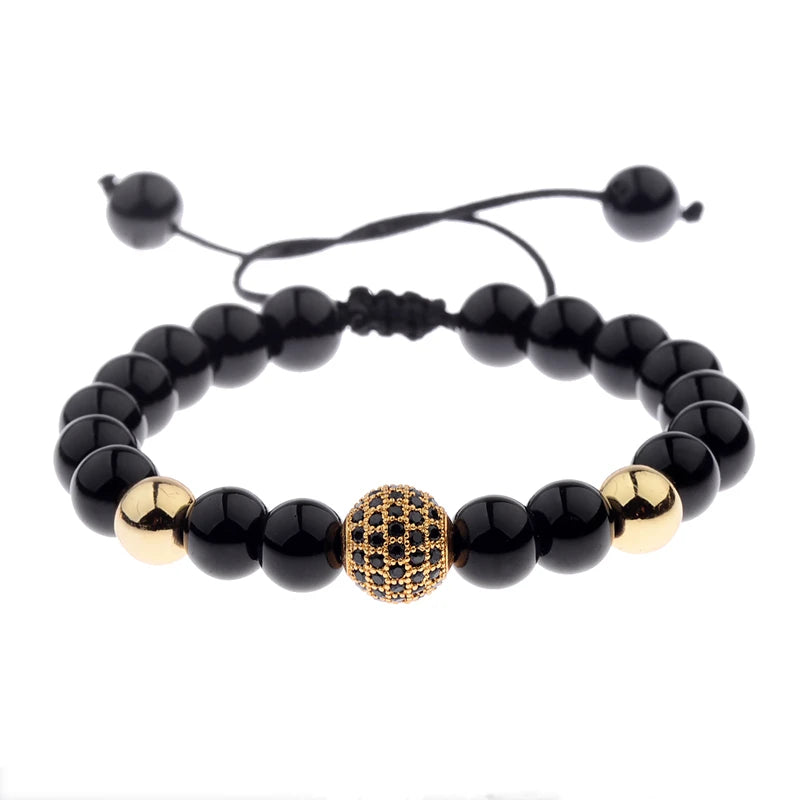 DOUVEI Round Black CZ Zircon Pave Lava Weaving Bracelet Men Beads Weaving Bracelet Homme Adjustable ABL005