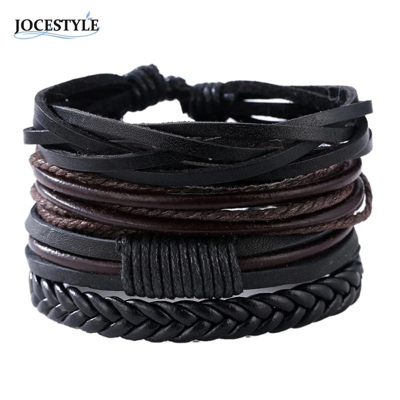 Multilevel Braided Wrap Leather Bracelets for Men Vintage Leather Bracelet Charm Wood Beads Ethnic Wristbands
