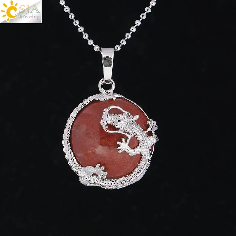 CSJA Necklaces Dragon Pendants Women Natural Stone Purple Crystal Pink Quartz Tiger Eye Lava Rock Flat Round Beads Fittings F304
