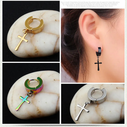 1 Piece Men Cross Stars Pendant Punk Round Cartilage Stainless Steel Earring for Men Piercing Stud Earrings for Women