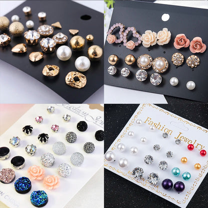 Crystal Simulated Pearl Earrings Set Women Jewelry Accessories Piercing Ball Stud Earring Kit Bijouteria Brincos