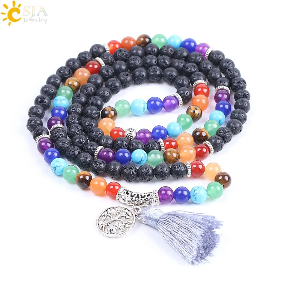 CSJA Women Maxi Long Necklace Natural Mala Gem Stone Bead Tassel 7 Chakra Tiger Eye Pink Quartz Howlite Reiki Boho Necklace E590