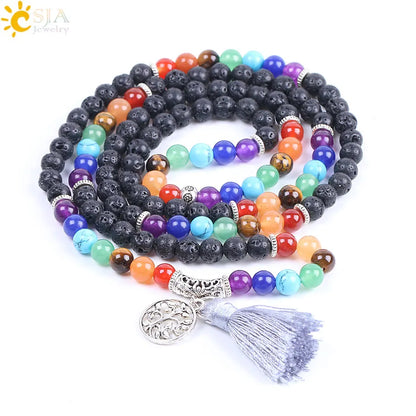 CSJA Women Maxi Long Necklace Natural Mala Gem Stone Bead Tassel 7 Chakra Tiger Eye Pink Quartz Howlite Reiki Boho Necklace E590