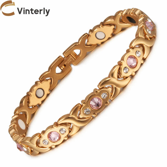 Vinterly Magnetic Bracelet Women Chain Crystal Gold-Color Stainless Steel Bracelet Women Cross Health Energy Bracelets for Women