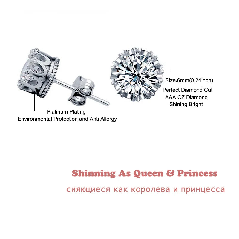 Jewelry Crown Women Classic Shining Zircon Small Stud Earrings Gold Color Ears Stud for Men Crystal Earrings WE132