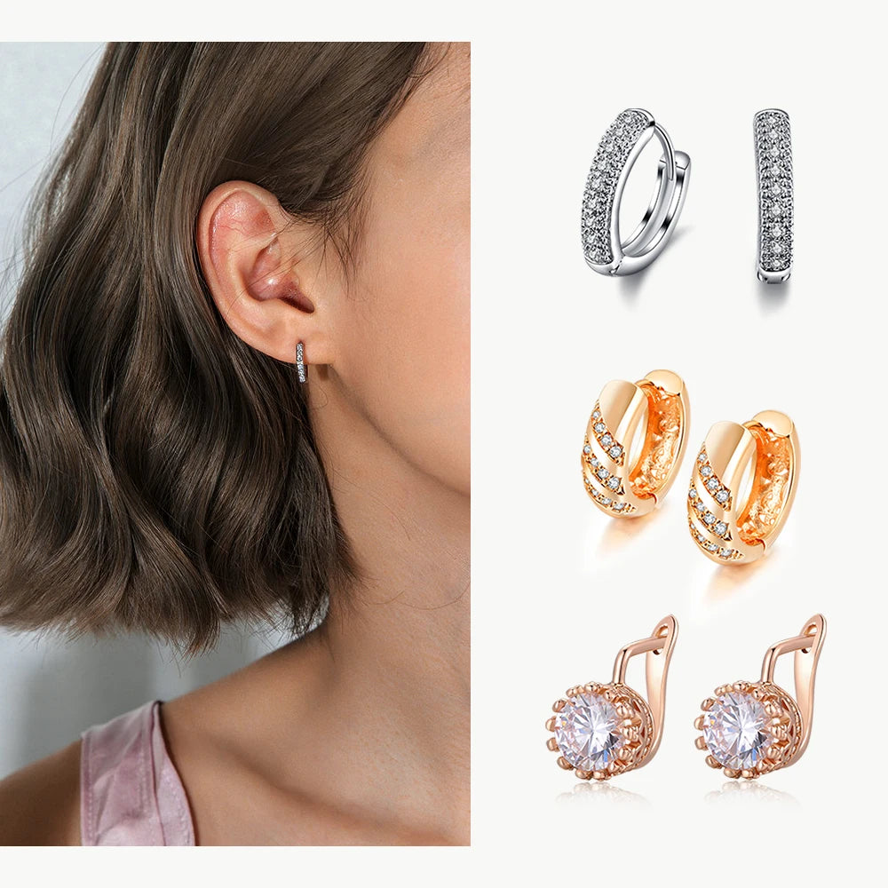 ZHOUYANG Stud Earrings for Women Classic Six Claw Clear AAA+Cubic Zirconia Rose Gold Color Fashion Jewelry for Girls KAE094