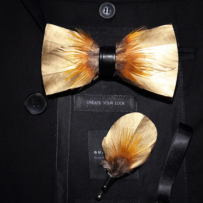 JEMYGINS Bowtie Natural Brid Feather Exquisite Hand Made Men Bow Tie Brooch Pin