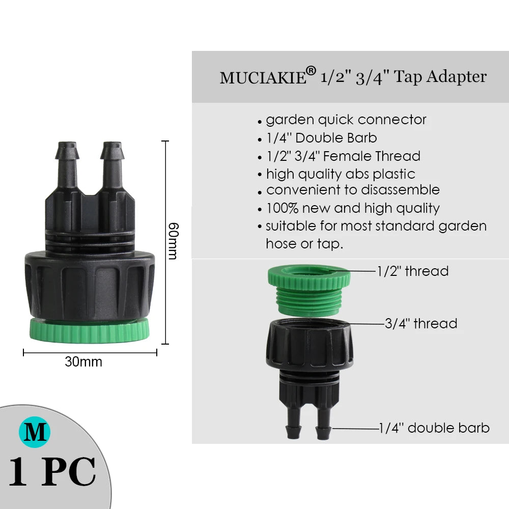 MUCIAKIE Variety Style Garden Tap 1/2" 3/4" Male Female Thread Nipple Joint 1/4" Hose Quick Connector Irrigation Water Splitters