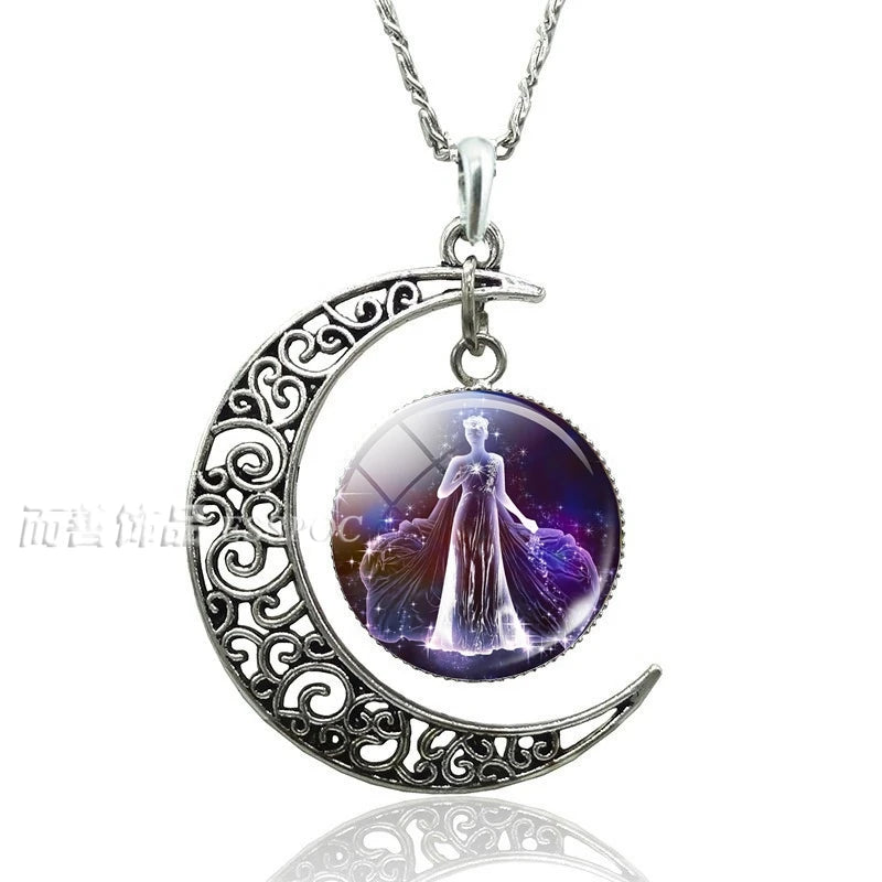12 Constellation Crescent Moon Necklace Zodiac Sign Glass Jewelry Pendant Aries Gemini Cancer Leo Women Birthday