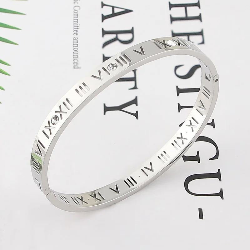 Opening Titanium Steel Bangles Crystal Gold Color Bangles Roman Numerals Women's Bracelet
