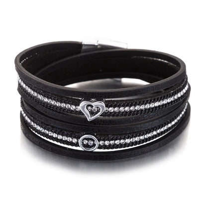HOCOLE Fashion Gem Rhinestone Magnetic Leather Bracelets & Bangles Bohemian Handmade Multilayer Wrap Jewelry Women Pulseira