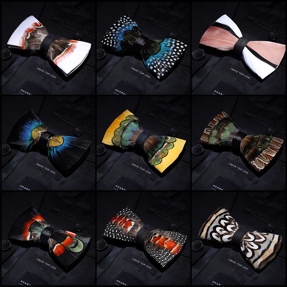 KAMBERFT Designer Brand Handmade Feather and Leather Pre-Tied Bow Tie and Brooch Sets for Men Wedding Party Best Cravate