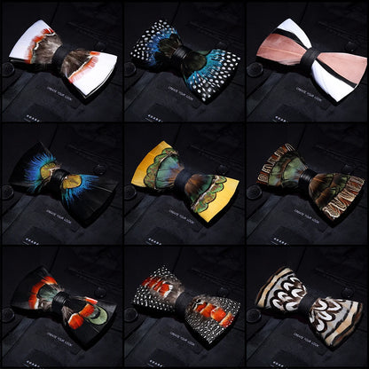 KAMBERFT Designer Brand Handmade Feather and Leather Pre-Tied Bow Tie and Brooch Sets for Men Wedding Party Best Cravate