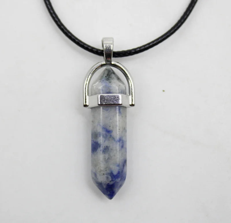1PCS Natural Stone Quartz Crystal Opal Agates Hexagonal Column Pendulum Pendant Leather Chains Necklace Fashion Charms Pendant