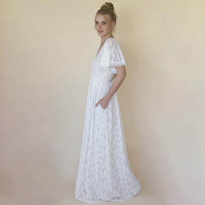 Ivory Pearl Lace Bohemian Wedding Dress With Pockets #1345
