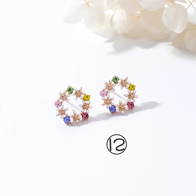 Korean Jewelry Fresh Cute Hook Drop Oil Flower Stud Earrings Crystal Earring for Women