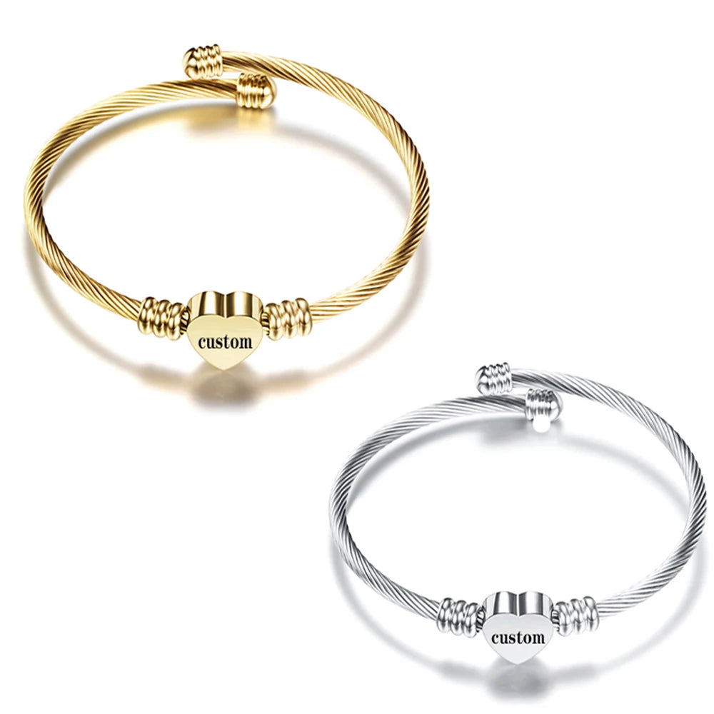 Heart Charm Bangle With Initial Alphabet Letter Engrave High Quality Women Jewelry Cuff Bangles Party