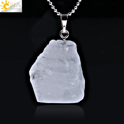 CSJA Natural Stones Gems Clear Crystal Pendants Necklaces Reiki Healing Irregular White Yellow Purple Pink Quartz Pendulum F070